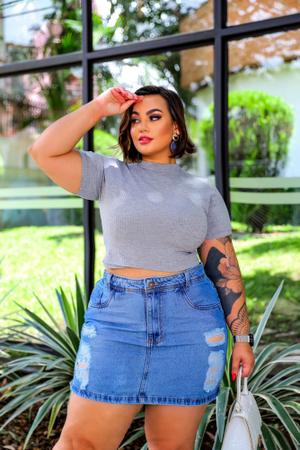 Mini Saia Jeans Plus Size Cintura Alta Destroyed Tend ncia