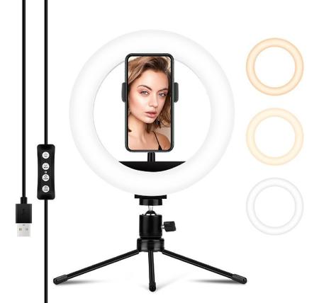 Imagem de Mini Tripe Iluminador Ring Light 20cm com Suporte Celular Universal Selfie Youtuber Gravação