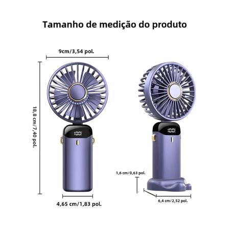 Imagem de Mini Ventilador Portátil Dobrável Portátil 1800mAh USB Recarregável 5 Velocidades Com Tela De