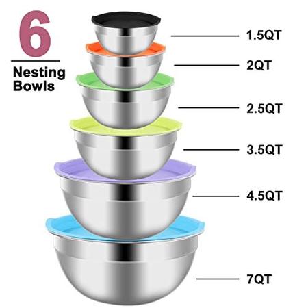 Imagem de Mistura de tigelas com conjunto de tampa, 35PCS Cozinha Utensílios de aço inoxidável Tigelas de Ninho de Aço Inoxidável, Copos de Medição e Colheres, 12 Tampas de Silicone Reutilizáveis Tampas de Ovo Antiderrapante Tapete de Ovo para Cozimento Pre