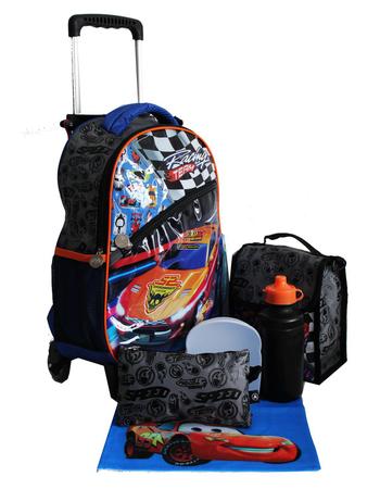 Imagem de Mochila Carros Masculina Infantil Rodinhas Lancheira Estojo Meninos Vermelha