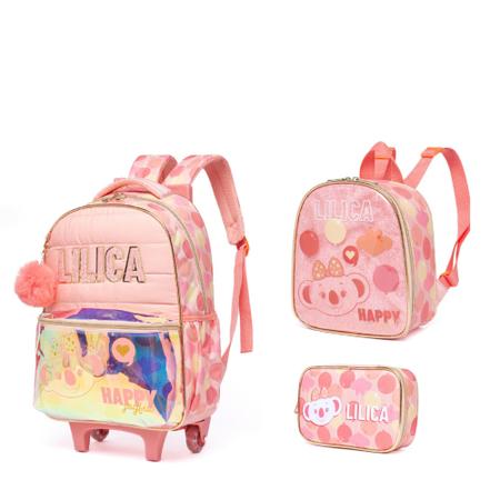 Imagem de Mochila de Rodinhas com Alças + Lancheira + Estojo Box Lilica Happy Days