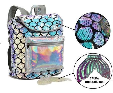 Imagem de Mochila Escolar Com Calda de Sereia Com Escamas em Paetê