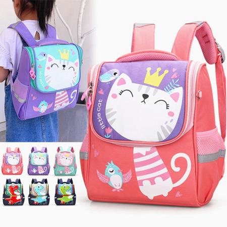 Mochila Escolar Infantil Menino Menina Dinossauro Gatinho de Costas - Roxo