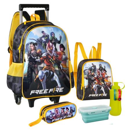 Imagem de Mochila Escolar Infantil Rodinhas Kit Completo Free Fire com Lancheira Estojo Duplo Garrafa e Pote 500ml Gamer Geek Volta às Aulas Material Escolar