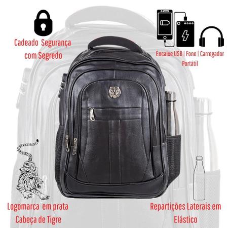 Imagem de Mochila Executiva Masculina Couro Notebook Encaixe USB 25 Litros Preta