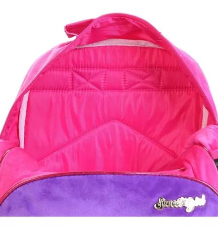 Imagem de Mochila infantil coruja em plush poliéster faixa etária 05 a 09 anos reforçada cor rosa com roxo