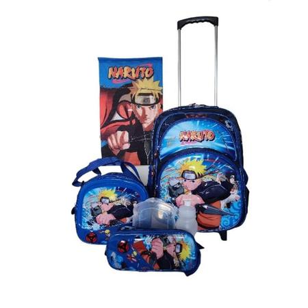 Kit Mochila De Rodinhas Grande Menino Naruto Aula + Toalha