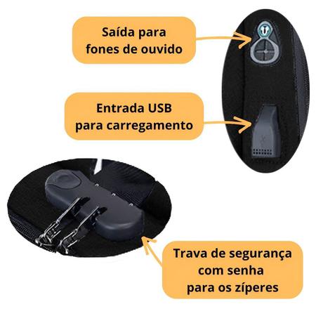 Imagem de Mochila Reforçada Executiva Masculina Cabo USB Trava Segurança Impermeavel Anti Furto Média Resistente Alça Costa Trabalho