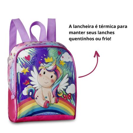 Mochila Rodinha Escolar Unicórnio + Lancheira + Estojo - Clio Imagem de Mochila Rodinha Escolar Unicórnio + Lancheira + Estojo - Clio