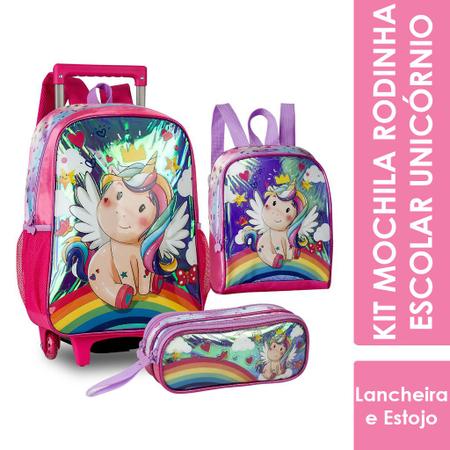 Mochila Rodinha Escolar Unicórnio + Lancheira + Estojo - Clio Imagem de Mochila Rodinha Escolar Unicórnio + Lancheira + Estojo - Clio