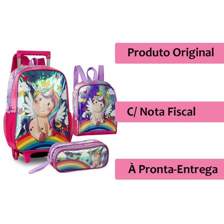 Mochila Rodinha Escolar Unicórnio + Lancheira + Estojo - Clio Imagem de Mochila Rodinha Escolar Unicórnio + Lancheira + Estojo - Clio