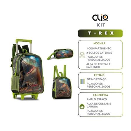 Imagem de Mochila Rodinhas Dinossauro+Estojo+Lancheira Escolar Menino