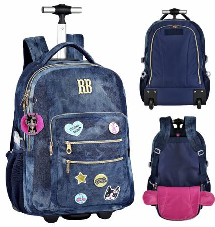 Mochila rodinhas jeans azul store juvenil rebecca bonbon star