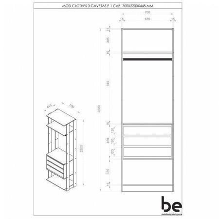Imagem de Módulo Closet 3 Gavetas e Cabideiro Clothes 700 Be Mobiliário