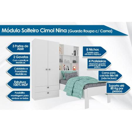 Imagem de Módulo Solteiro Cimol Nina(Guarda Roupa+Cama) Branco/Amare