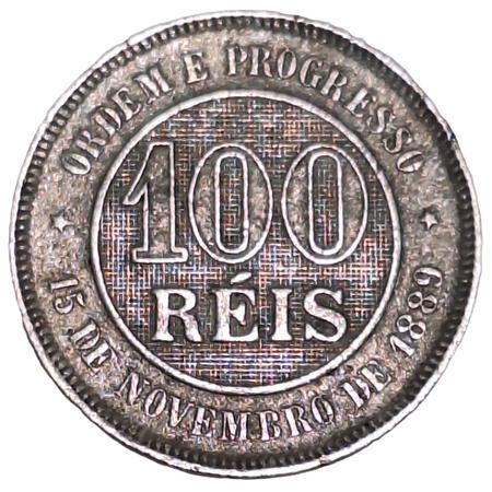 Imagem de Moeda de 100Réis com Fundo Linhado de 1889da República dos Estados Unidos do Brazil