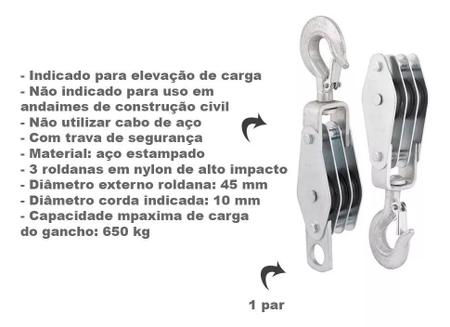 Imagem de Moitão Cadernal Com 3 Roldanas 45mm 650kg 2 Peças + 50m Corda
