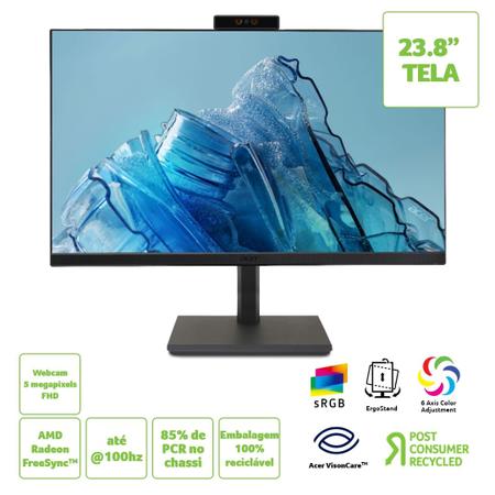 Imagem de Monitor Acer Vero B247Y D com Webcam de 5MP Infravermelho 23.8” PCR 85% Ultrafino IPS FHD 100Hz 4ms