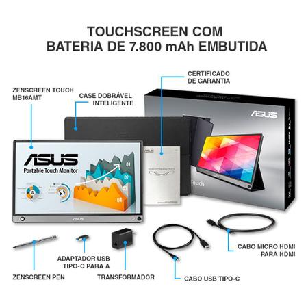 Imagem de Monitor Portátil Asus LED 15.6 Touch, Full HD, IPS, USB-C, Micro HDMI, Ultra Leve, Cinza Escuro - MB16AMT