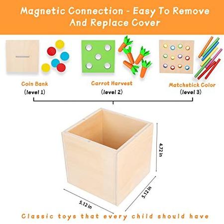 Imagem de Montessori Toddler Play Kit Montessori Box Toys para 1 Ano de Idade 2 Anos Bebê Aprendendo Brinquedos Presente Cenoura Colheita Jogo, Matchstick Color Drop Game e Caixa de Moedas (3-por-1)