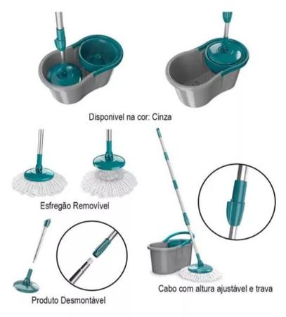 Imagem de Mop Esfregão Giratorio Balde com Alça e Cesto Esfregão em Microfibras Lava e Seca Tira Pó