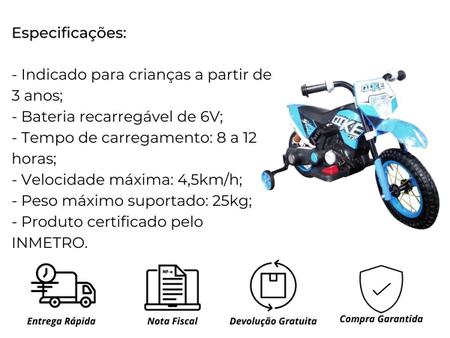 Mini Moto Cross Elétrica 6v Infantil Triciclo Bateria Carregador Bivolt no  Shoptime