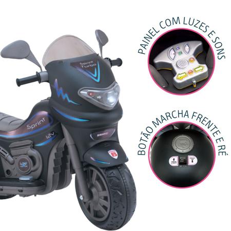 Moto Eletrica Infantil Grande 12v Sprint Turbo Com Capacete - Preto