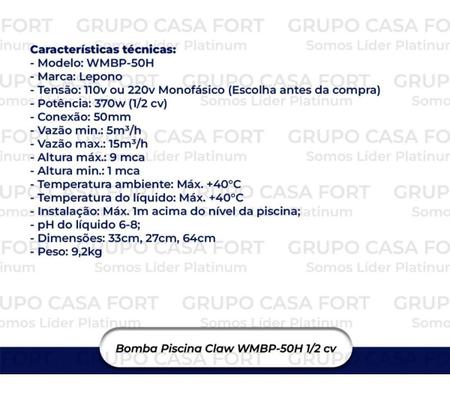 Imagem de Motobomba Claw WMBP-50H p/ Piscina c/ Pré-Filtro 1/2cv 127v/220v