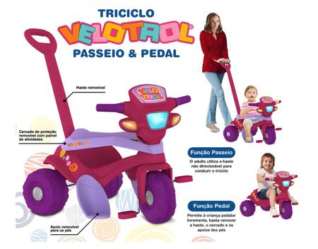 TRICICLO INFANTIL MOTOBAN PASSEIO PREMIUM ROSA - BANDEIRANTES -836