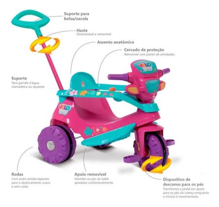 Triciclo Motoca Infantil Com Empurrador Removível - Rosa