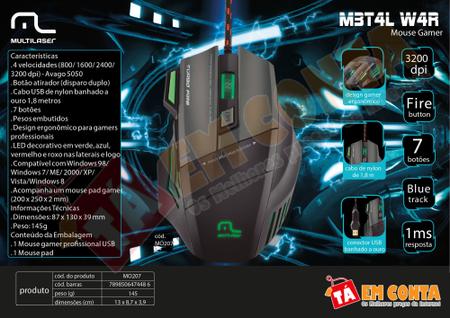 Imagem de Mouse Gamer 3200dpi + Mouse Pad Warrior Mo207 Multilaser