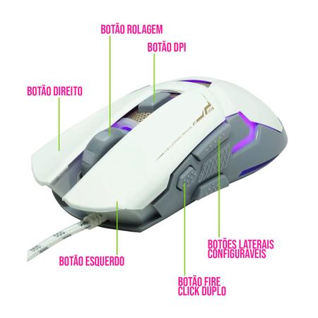 Imagem de Mouse Gamer Ergonômico Branco com Cabo White LED Pro Jogos