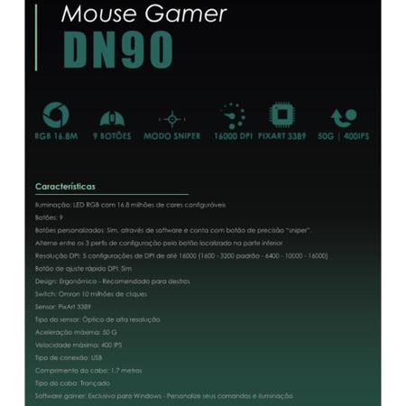 Imagem de Mouse Gamer para Jogo Draxen DN90 Preto Luz LED RGB 16000DPI