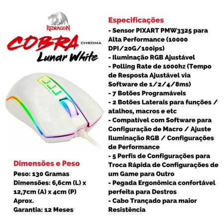 Imagem de Mouse Gamer Redragon Cobra Lunar White RGB 10000 DPI