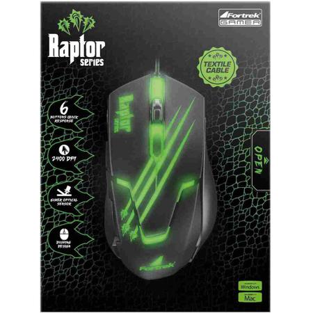 Imagem de Mouse Gamer USB Raptor OM-801 Preto/Verde Fortrek