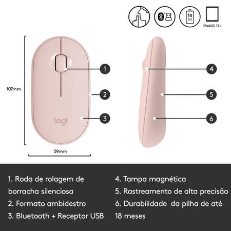 Imagem de Mouse sem fio Logitech Pebble M350 com Clique Silencioso, Design Slim Ambidestro, USB ou Bluetooth, Pilha Inclusa, Rosa - 910-005769
