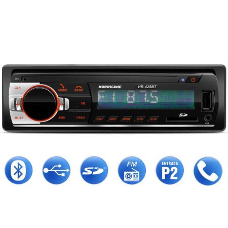 Imagem de MP3 Player Automotivo Hurricane BT 1 Din Bluetooth Led USB SD Auxiliar P2 FM Com Controle HR-425