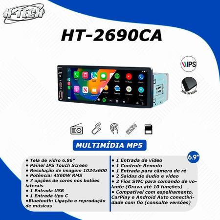 Imagem de Multimídia 1 Din 6,9" Ht-2690CA Carplay Android Auto Espelhamento Sem Fio Touch Screen H-tech