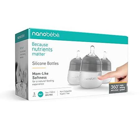 Imagem de Nanobébé Flexy Silicone Baby Mamadeira, Anti-Cólica, Sensação Natural, Mamilo Não-Colapsado, Base Estável Não-Ponta, Fácil de Limpar 3-Pack, Cinza, 5 oz