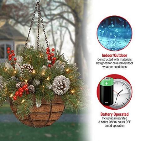 Imagem de National Tree Company Cesta Suspensa Artificial de Natal Pré-Iluminada, Baga Geada, Decorada com Pinhas Geadas, Aglomerados de Bagas, Luzes LED Brancas, Coleção de Natal, 20 Polegadas