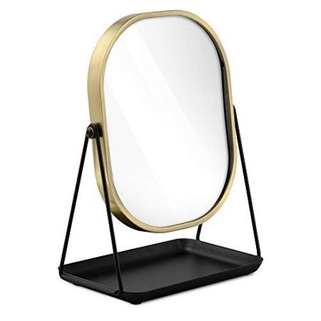 Imagem de Navaris Espelho de Mesa de Aumento - Espelho de Maquiagem de Parede 1x/3x de Ampliação com Bandeja - para Casa de Banho, Quarto, Secretária - Preto e Dourado