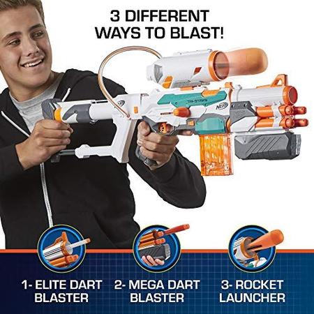 Imagem de Nerf Modulus Tri-Strike Blaster - Criar 3 Blasters diferentes - Fire Elite, Mega, ou Rocket Darts - vem com Barril, Estoque, Dardos (Exclusivo da Amazon)