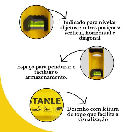 Imagem de Nível De Mão Com 3 Bolhas Stanley Em Alumínio 24'' 60cm Profissional Para Nivelamento STHT42074-LA Construção Pedreiro