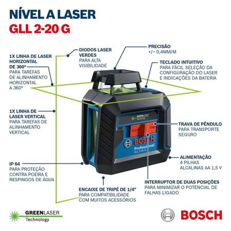 Imagem de Nivel Laser Bosch 360 Verde Com Tripé e Kit Completo GLL 2-20 G