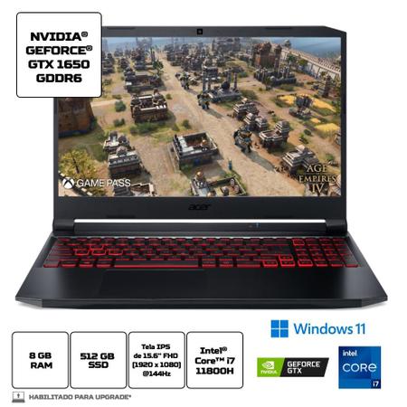 Imagem de Notebook Gamer Acer 15.6" 144Hz IPS, Intel Core i7 11ª Geração 11800H 4.60Ghz, GTX 1650 GDDR6, 8GB DDR4, 512GB SSD NVMe, Win11 - Nitro 5 AN515-57-76VA