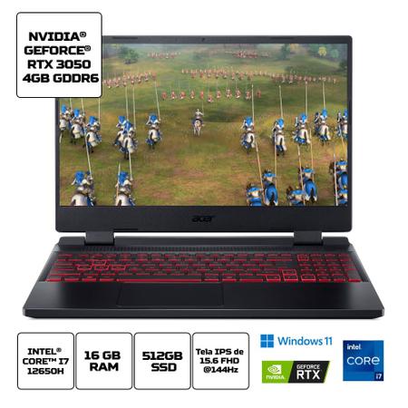 Imagem de Notebook Gamer Acer Nitro 5 AN515-58-791, Intel Core i7-12650H 12ª Geração, 16GB, 512GB SSD, NVIDIA Geforce RTX 3050 4GB, 15.6”, Windows 11, Preto