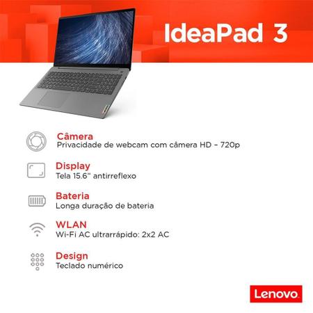 Imagem de Notebook Lenovo Ultrafino Ideapad Intel Core i3-10110U, 4GB, 256GB SSD, 15.6 HD, Linux, Prata - 82BS