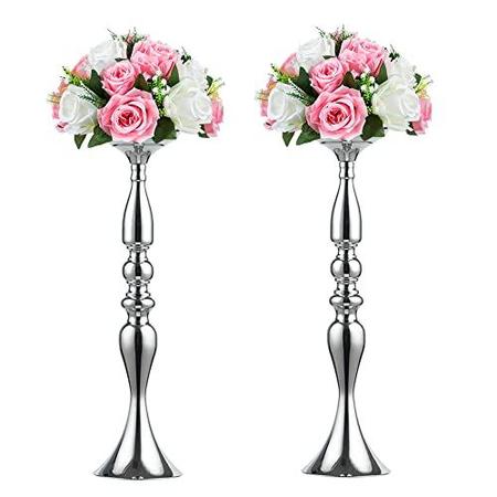 Imagem de NUPTIO 2 Pcs Arranjo versátil de flor metálica, suporte de velas Stand Set Candlelabra para jantar de casamento Evento Centerpiece Road Lead Restaurant Decoração de Hotel (Prata, 19,7" H)