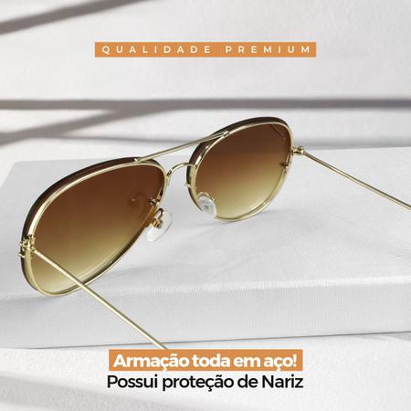 Imagem de oculos sol feminino aço inoxidavel aviador marrom + case moda masculina casual armação dourada